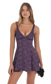Floral Bow Tie Fit and Flare Dress in Purple